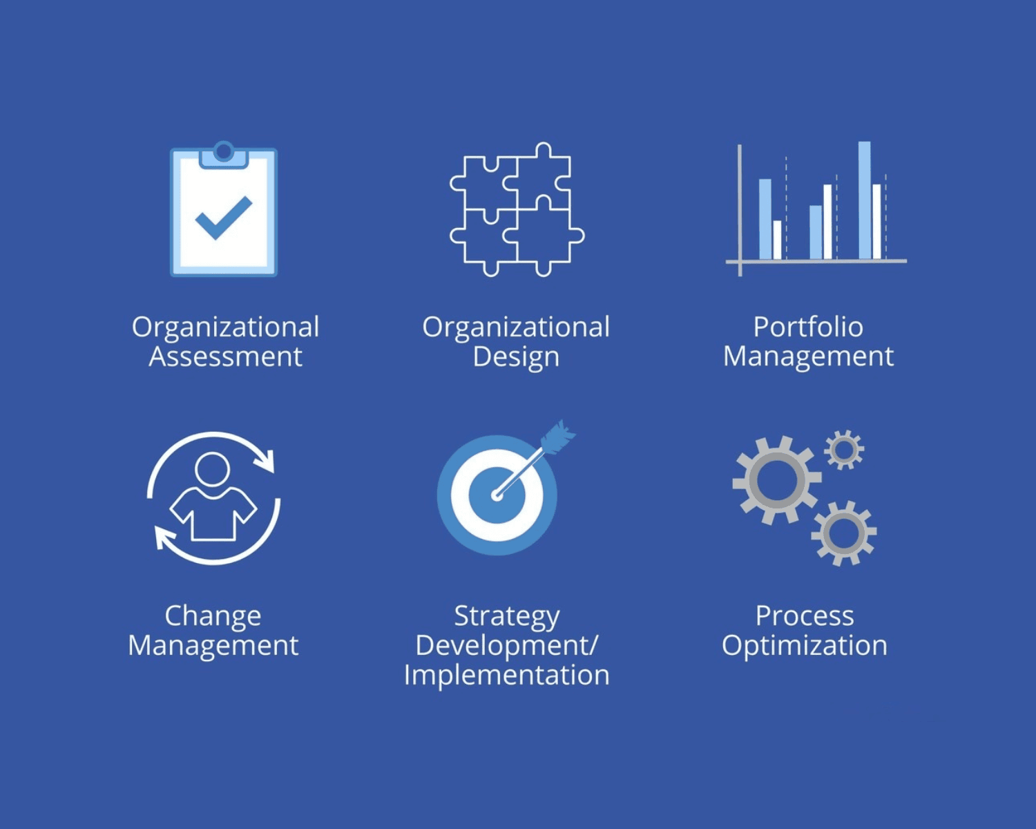 Internal consulting focus areas: organizational assessment, organizational design, portfolio management, change management, strategy development and implementation, and process optimization.